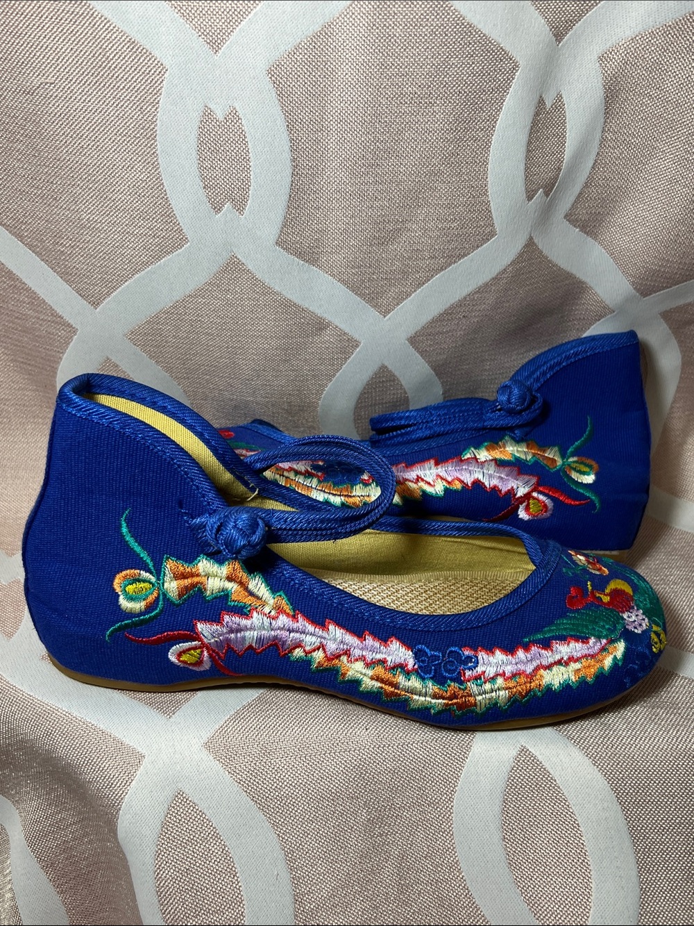 Embroidered Blue Women's Ballet Flats with Knot Strap